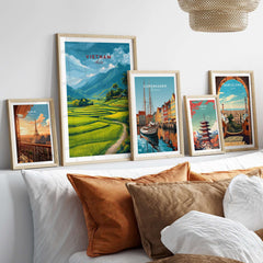 Vietnam Travel Poster displayed among other city travel posters on a stylish wall decor.