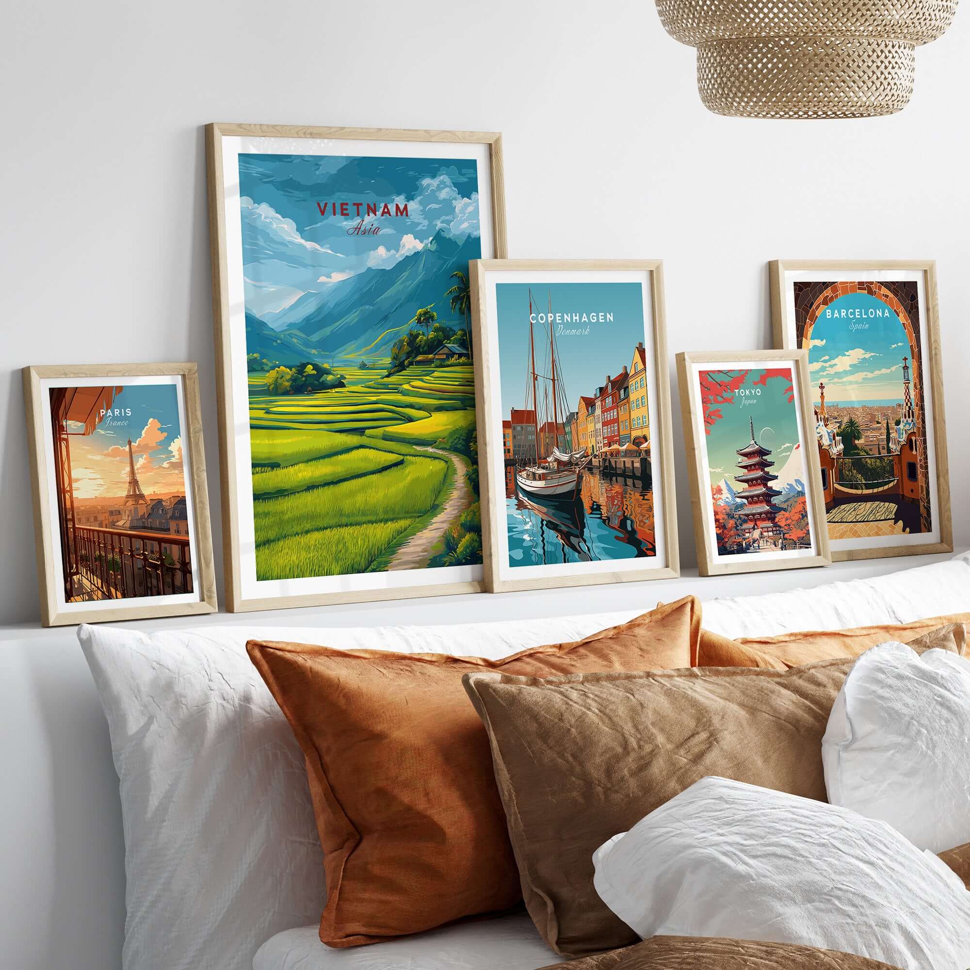 Vietnam Travel Poster displayed among other city travel posters on a stylish wall decor.