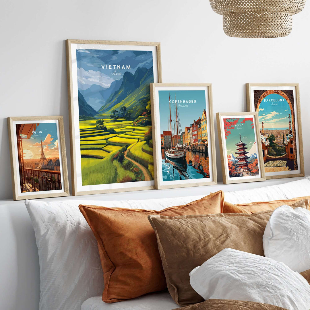 Gallery of travel posters featuring Vietnam rice terraces and other scenic landscapes on a living room wall.