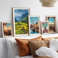 Vietnam Rice Terraces Print - Scenic Mountain Poster displayed among other travel posters on a stylish wall.