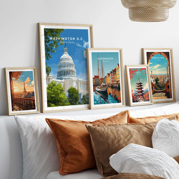 Gallery of framed city prints including the US Capitol Building, showcasing iconic landmarks and vibrant colors.
