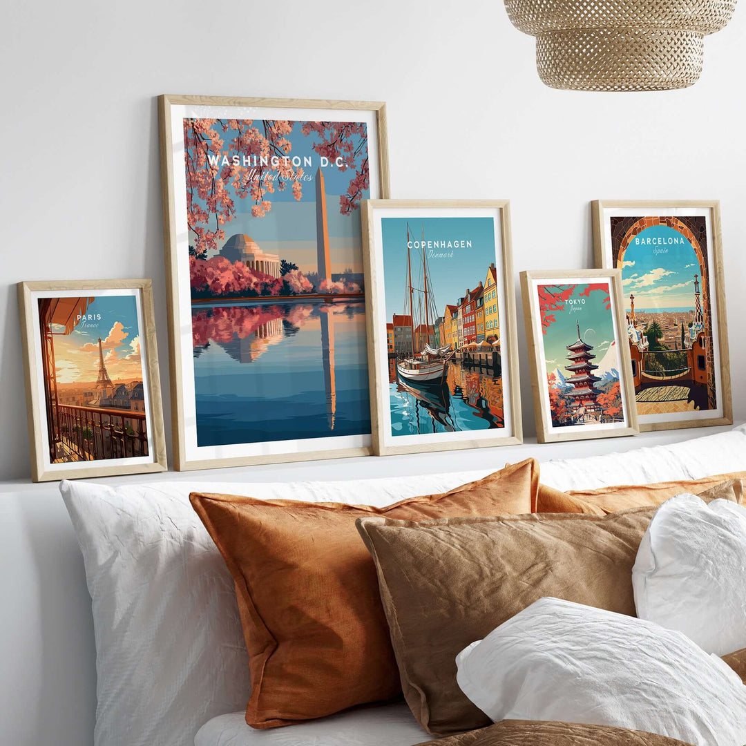 Washington D.C. poster with Jefferson Memorial and cherry blossoms, framed art displayed on a stylish couch.