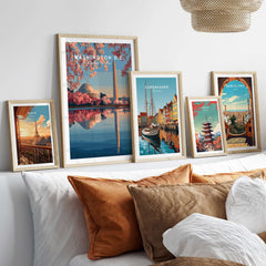 Washington D.C. Poster - Jefferson Memorial & Washington Monument Print - Cherry Blossom Wall Art displayed on a couch.