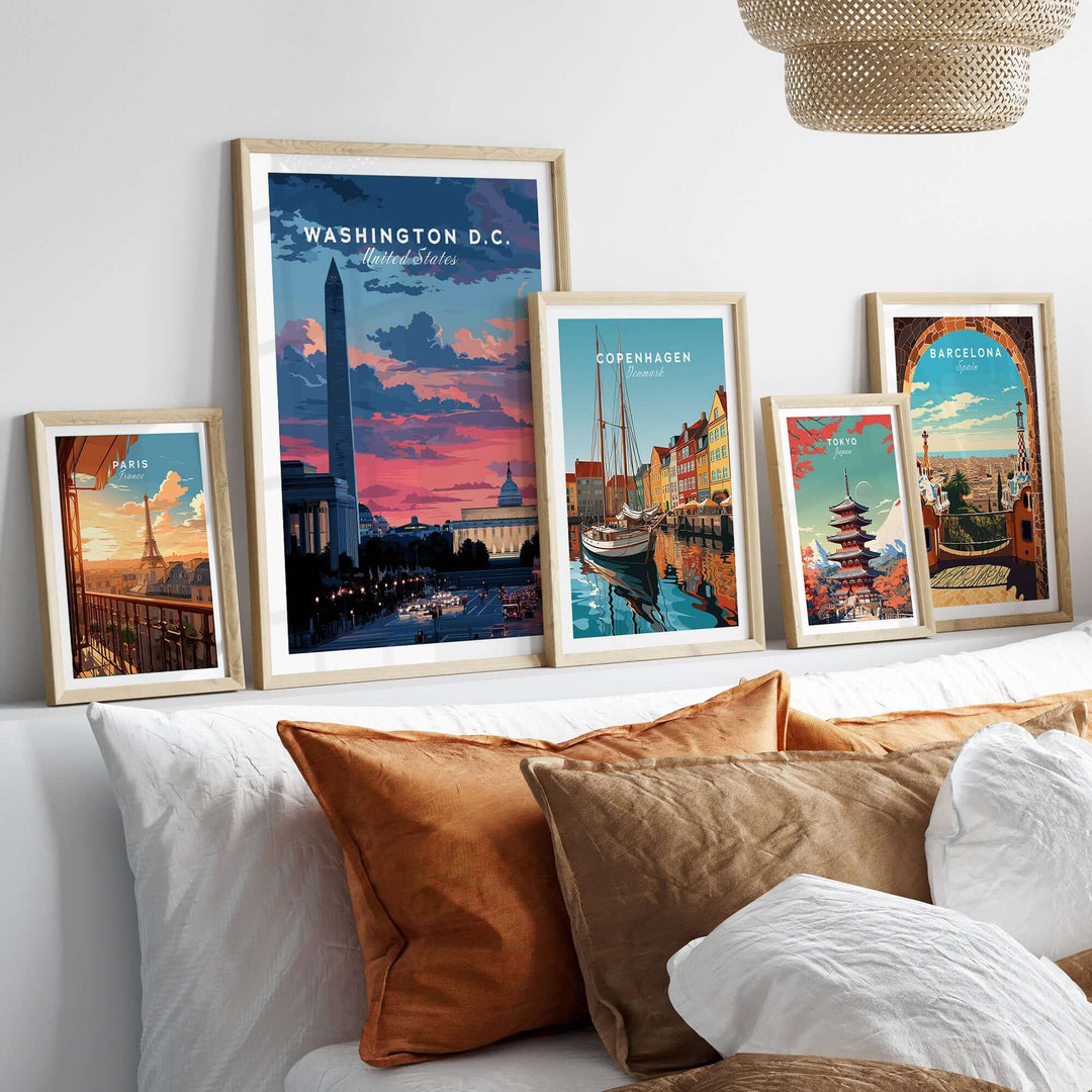Gallery of framed city skyline posters featuring Washington D.C., Copenhagen, and Barcelona.