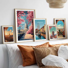 Washington D.C. Cherry Blossom Capitol Print - Springtime US Landmark Poster displayed among other travel posters.