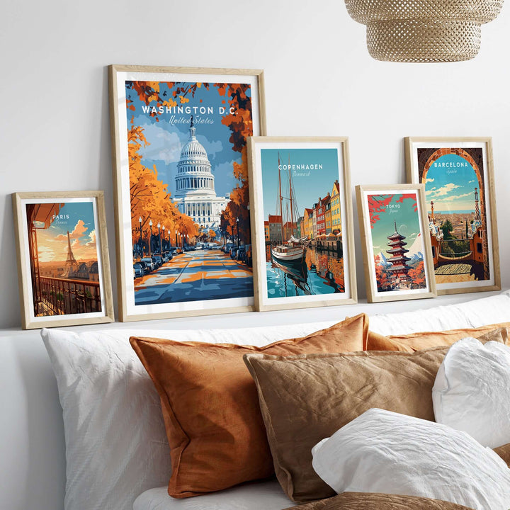 Washington D.C. Autumn Capitol View Print framed among colorful travel art prints on a cozy bed.