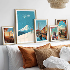 Whistler Ski Poster showcased among travel-themed artwork, bringing adventure and style to home decor.