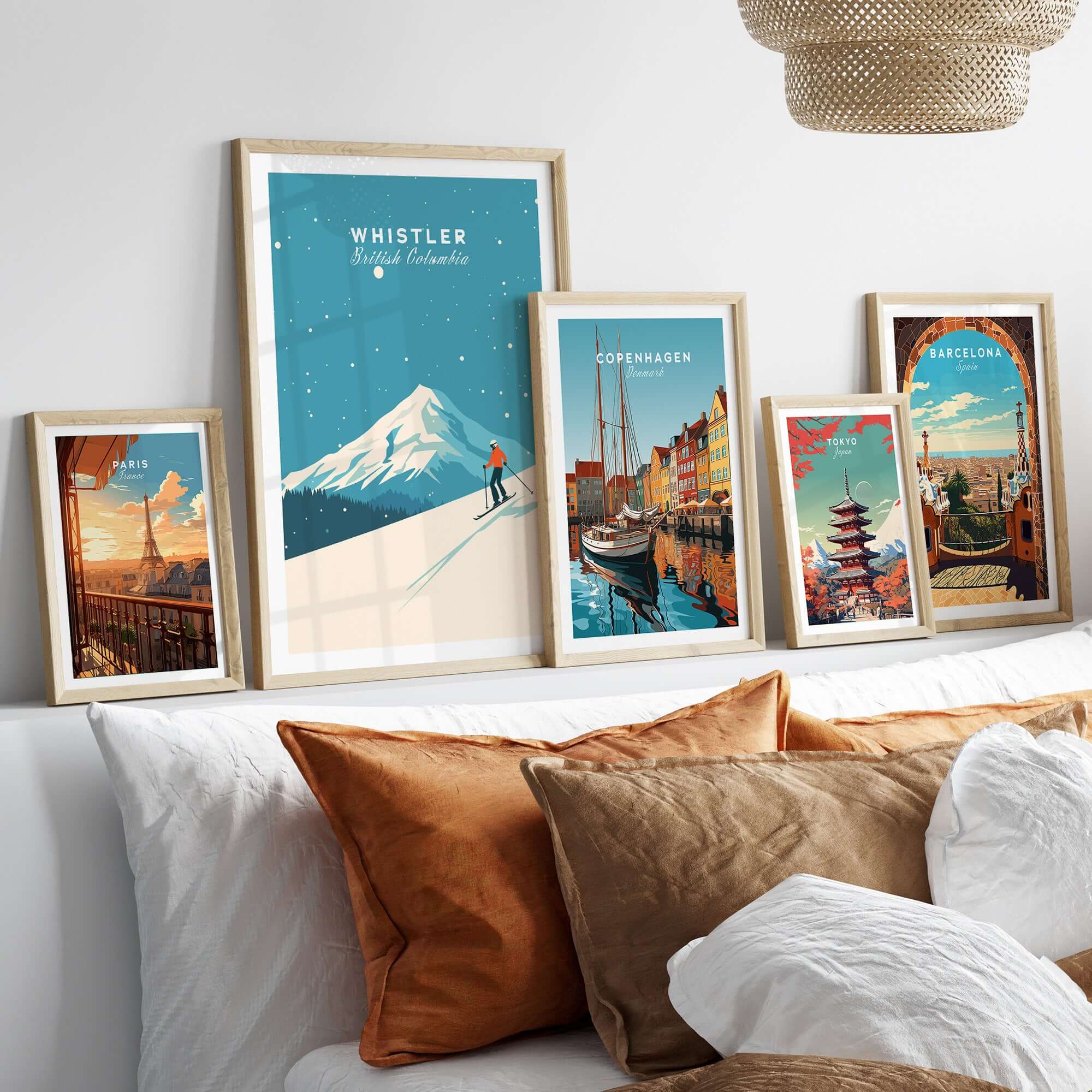 Whistler Ski Poster showcased among travel-themed artwork, bringing adventure and style to home decor.