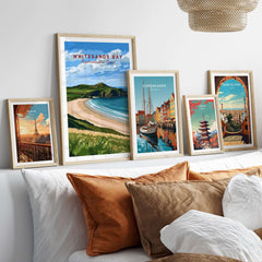 Whitesands Bay Coastal View Poster - Pembrokeshire Coast National Park Wall Art displayed on a wall among other travel posters.