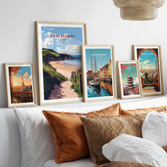 Woolacombe Beach Path Print - Coastal Devon Wall Art displayed on a stylish wall with other travel-themed prints.