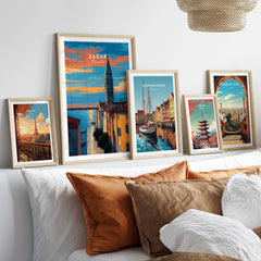 Zadar Poster - Dalmatian Coast Twilight View Print | Croatian Home Decor displayed in stylish frames on a sofa.