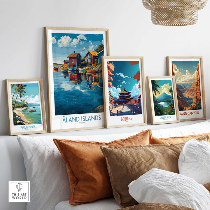 Åland Islands Finland Print | Nordic Coastal Village Poster displayed among travel-themed prints in a stylish living room.