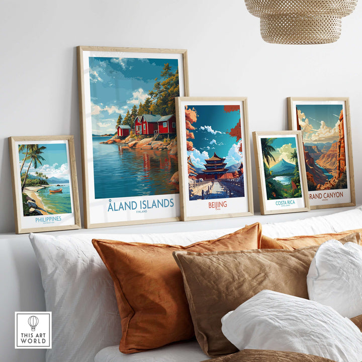 Åland Islands Lakeside Cabin Art Print | Finland Rustic Landscape Poster showcased in a cozy living room setting.