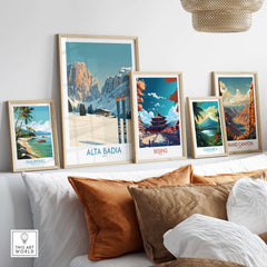 Collection of travel-themed wall art, featuring Alta Badia, Beijing, Costa Rica, and Grand Canyon prints.