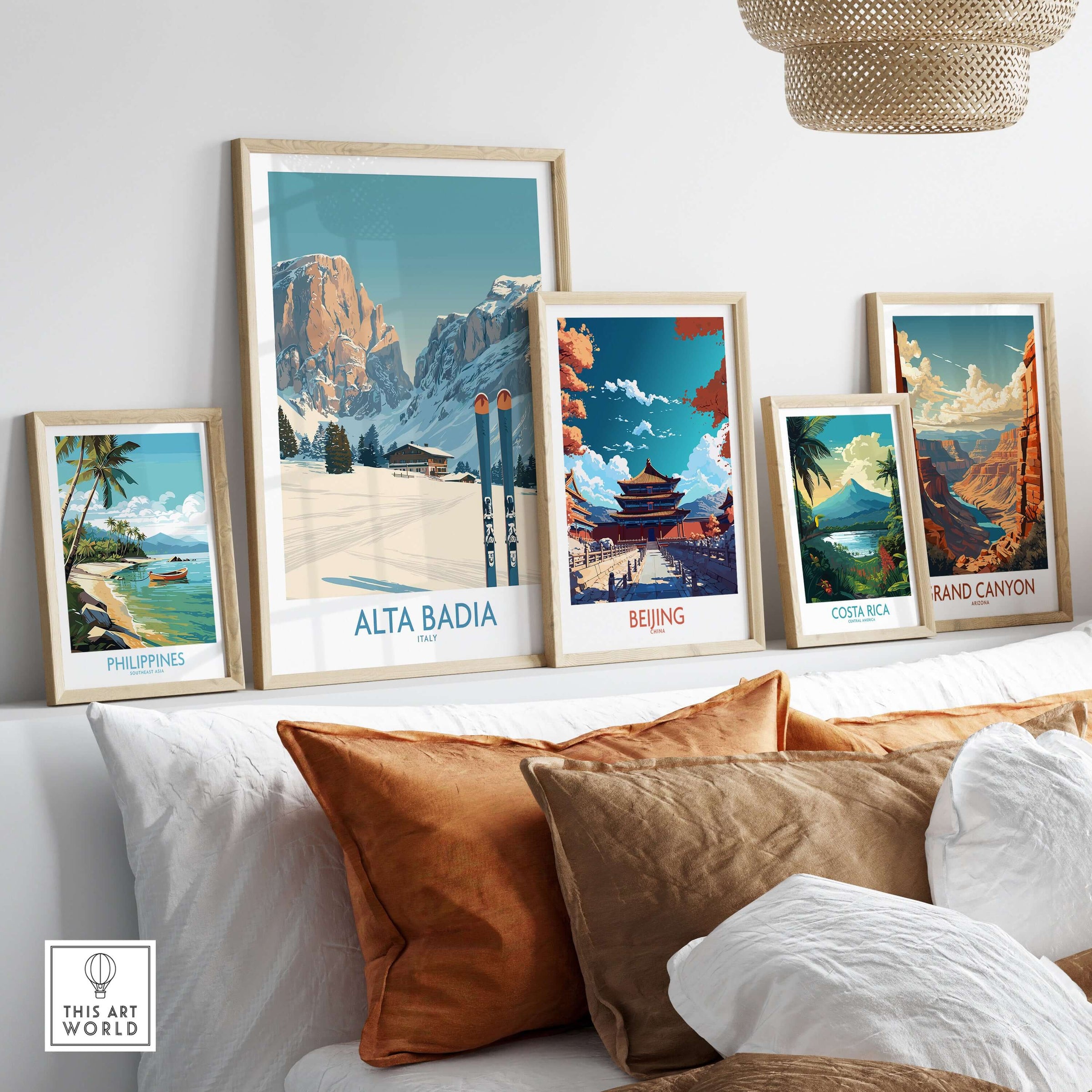 Collection of travel-themed wall art, featuring Alta Badia, Beijing, Costa Rica, and Grand Canyon prints.