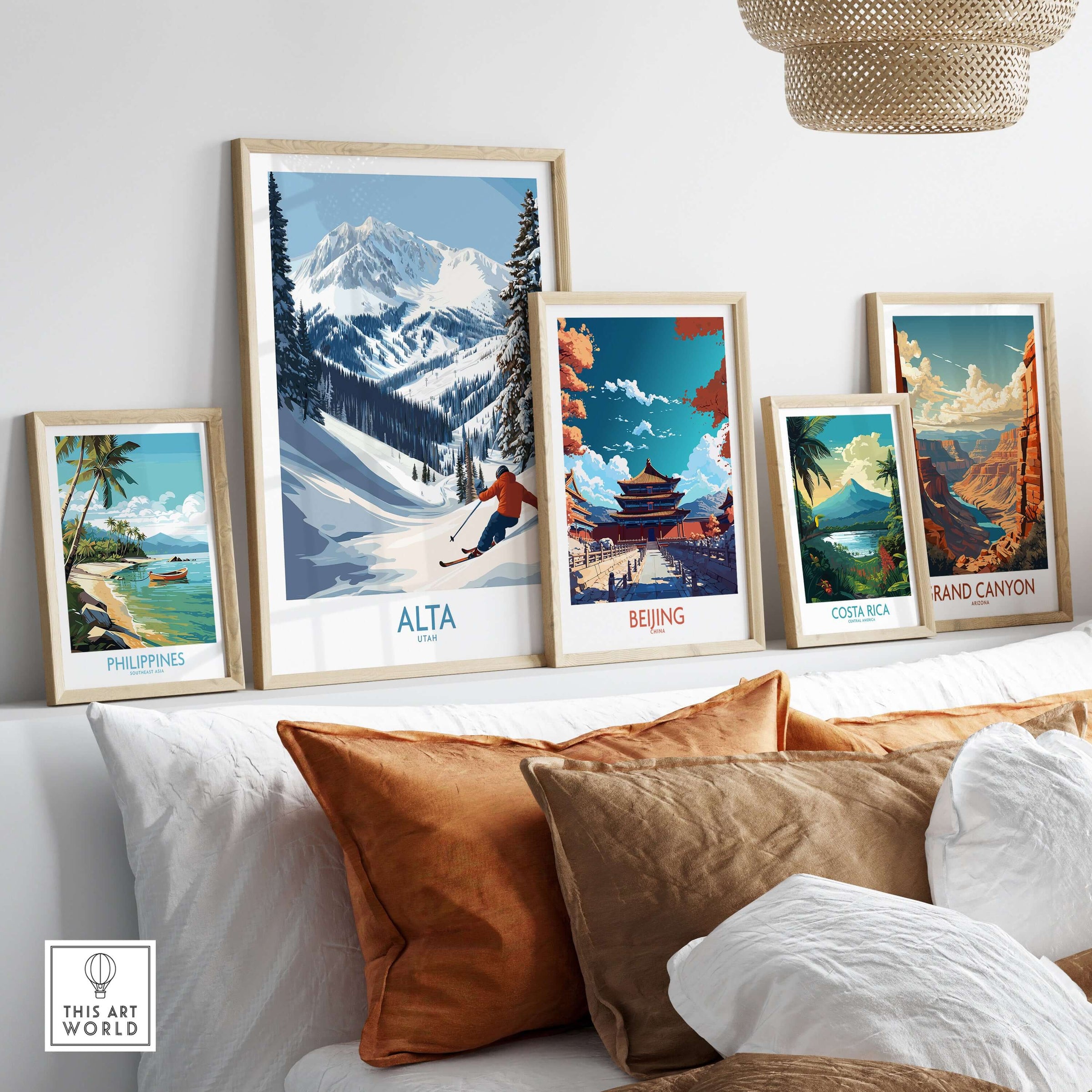 Alta Utah skiing adventure print displayed on a shelf with other travel art prints, showcasing winter landscapes.