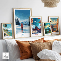 Decorative wall featuring travel posters: Alta, Beijing, Costa Rica, Philippines, and Grand Canyon.
