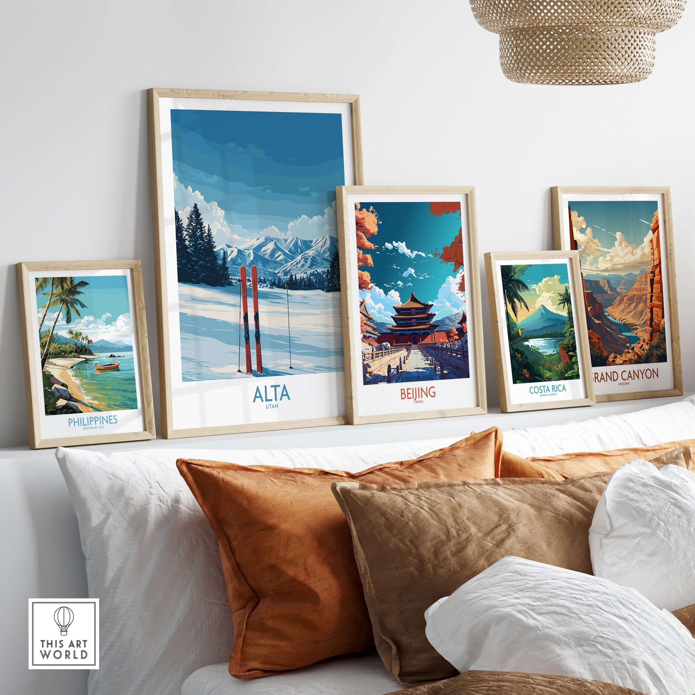 Decorative wall featuring travel posters: Alta, Beijing, Costa Rica, Philippines, and Grand Canyon.
