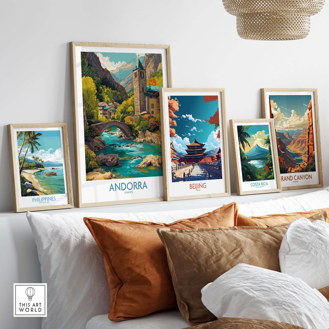 Andorra Art Print | Pyrenees Mountain Travel Poster displayed among other travel posters in a stylish living room setting.