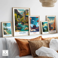 Andorra Art Print | Pyrenees Mountain Travel Poster showcased among other travel posters in a stylish interior decor setting