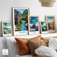 Andorra Old Town River Bridge Art Print | Pyrenees Architecture Poster displayed with other travel art prints.