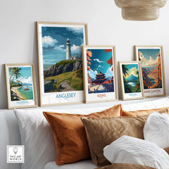 Anglesey Wales Scenic Seascape Poster - Welsh Lighthouse Decor displayed among other travel art prints.