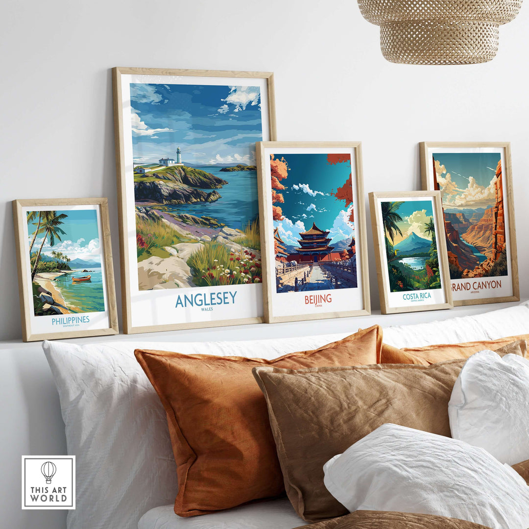 Framed travel prints of Anglesey, Philippines, Beijing, Costa Rica, and the Grand Canyon displayed in a stylish living room setting.