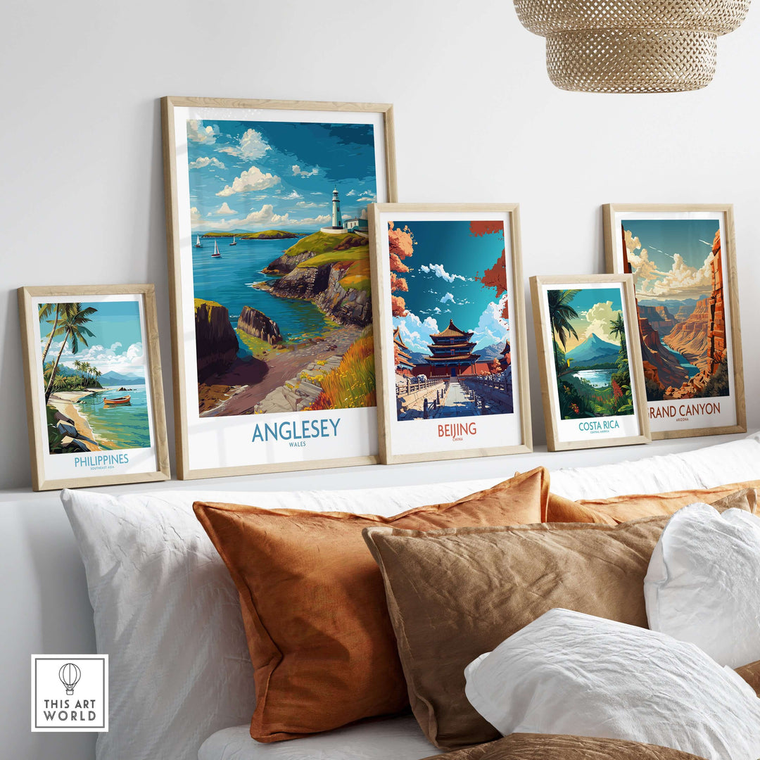 Collection of travel posters including Anglesey, showcasing scenic landscapes and coastal views.