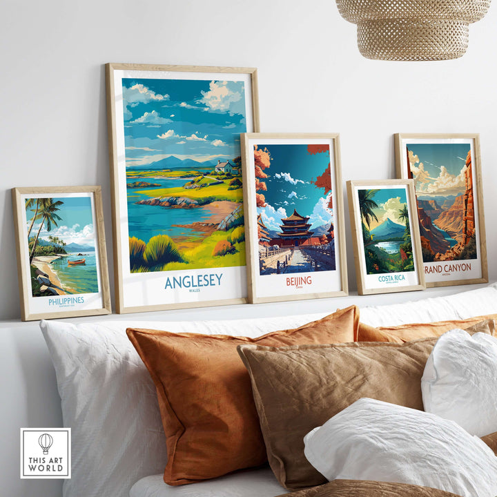 Gallery of travel posters featuring Anglesey, Wales and other scenic locations, decorative art for home decor.