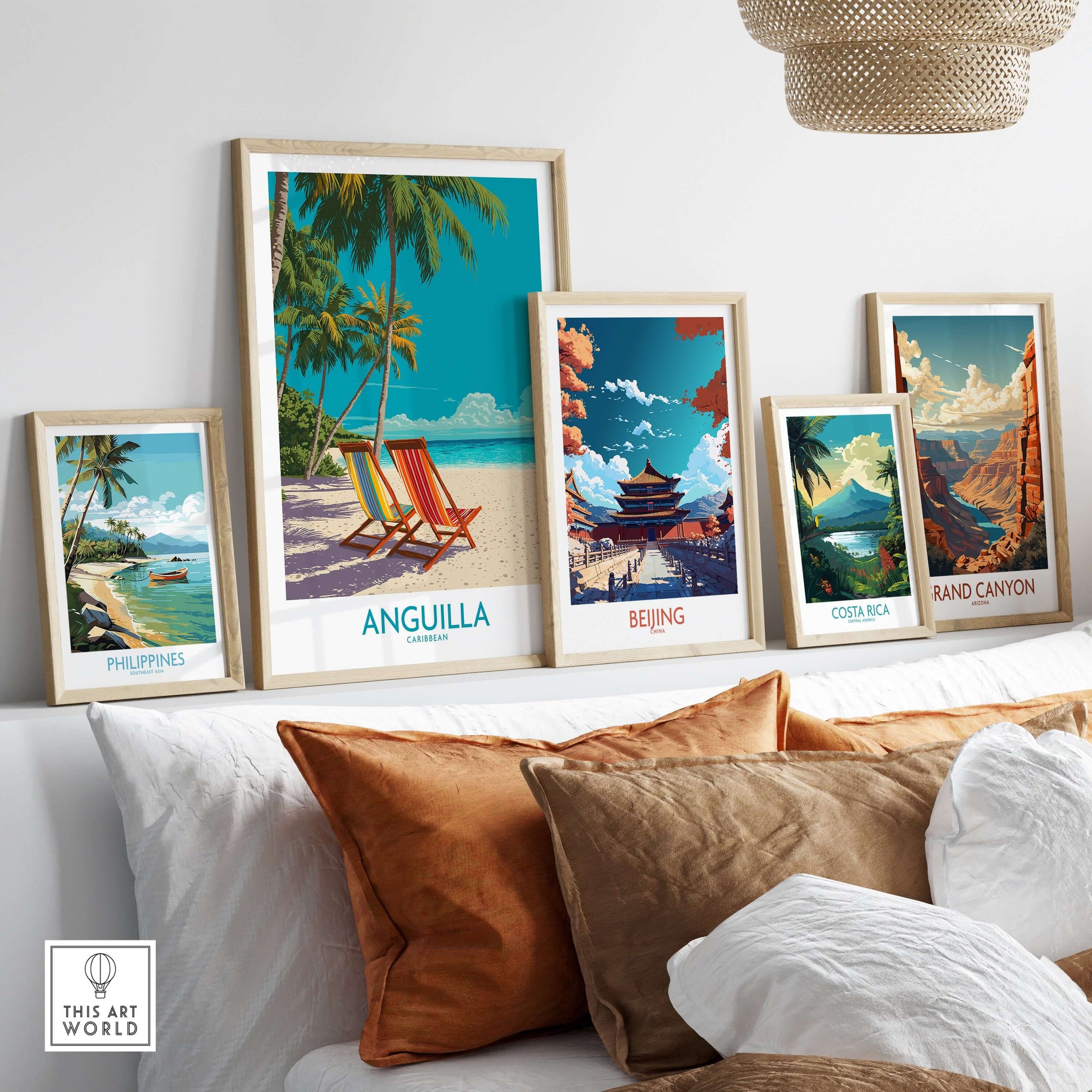Anguilla Caribbean Sunset Poster - Island Travel Print displayed among other travel posters on a stylish shelf.