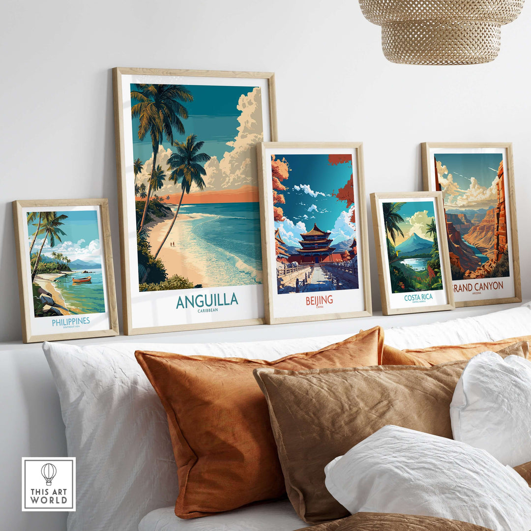 Collection of travel posters featuring Anguilla and other destinations, showcasing vibrant colors and tropical vibes.