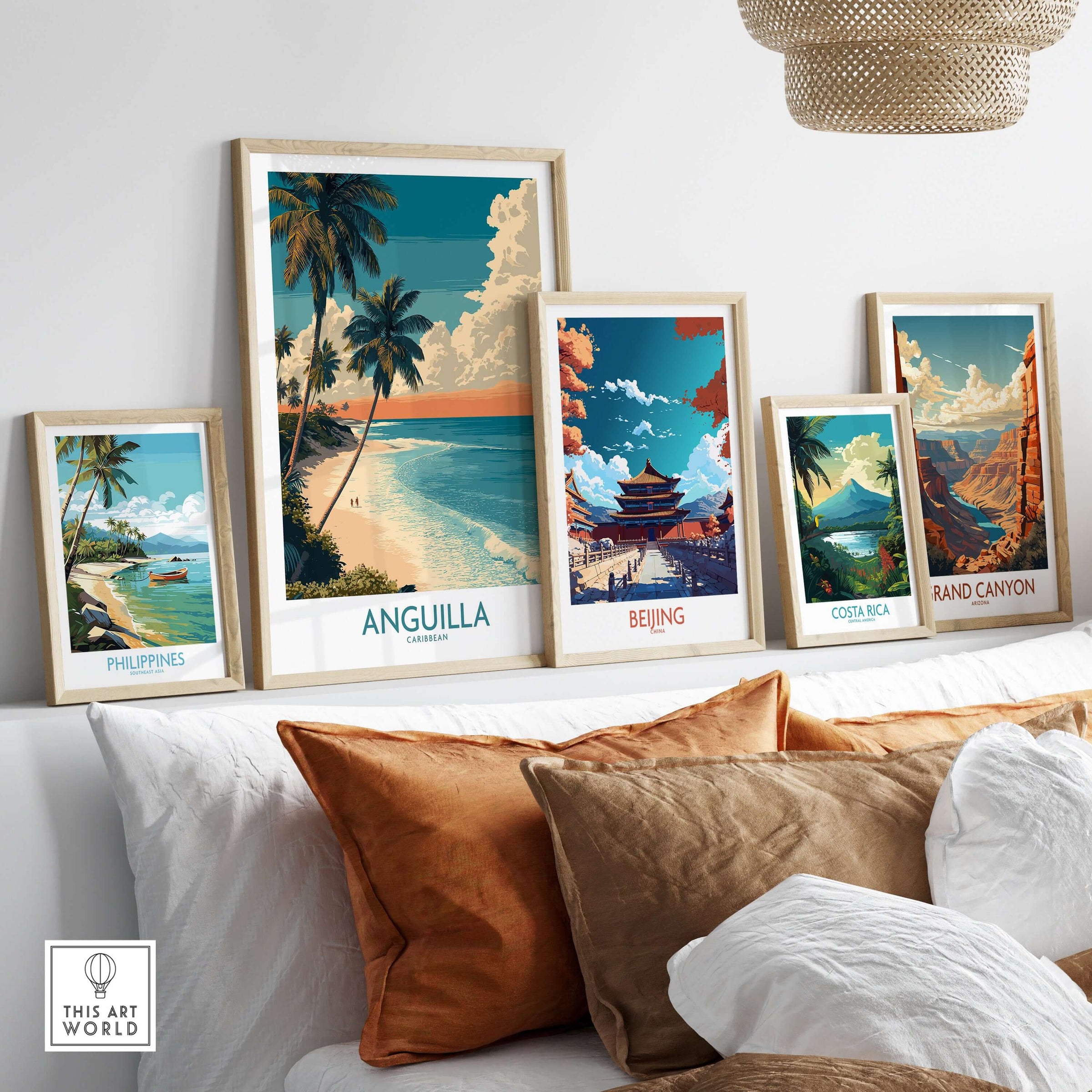 Anguilla Caribbean Poster - Caribbean Travel Print displayed among other travel posters in a stylish interior setup.