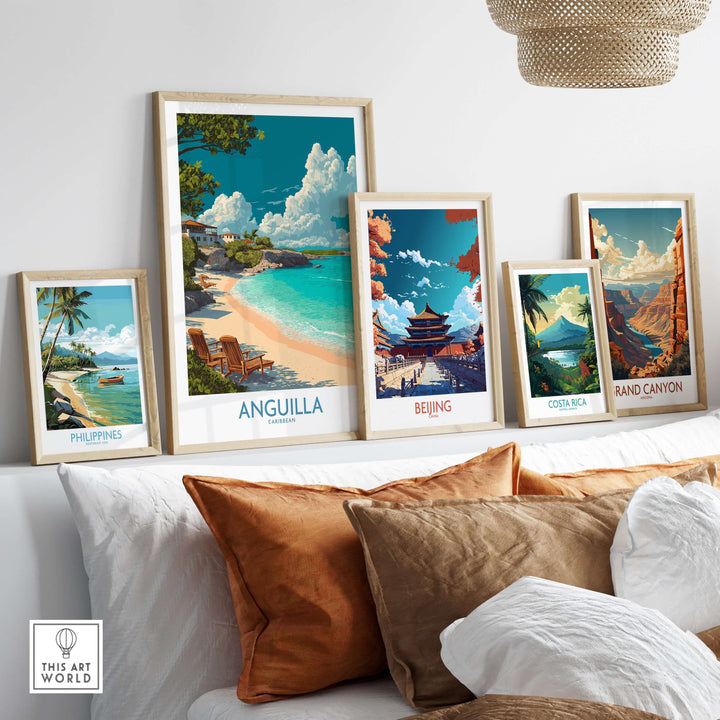 Framed Anguilla print and other travel art, showcasing tropical beaches and landscapes for home décor.