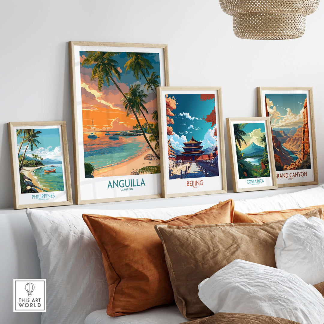 Framed Anguilla Caribbean print with tropical seascape, surrounded by travel posters of Philippines, Beijing, Costa Rica, and Grand Canyon.