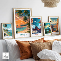 Anguilla Caribbean Print - Caribbean Seascape Wall Art displayed among other travel prints in a stylish home decor setting.