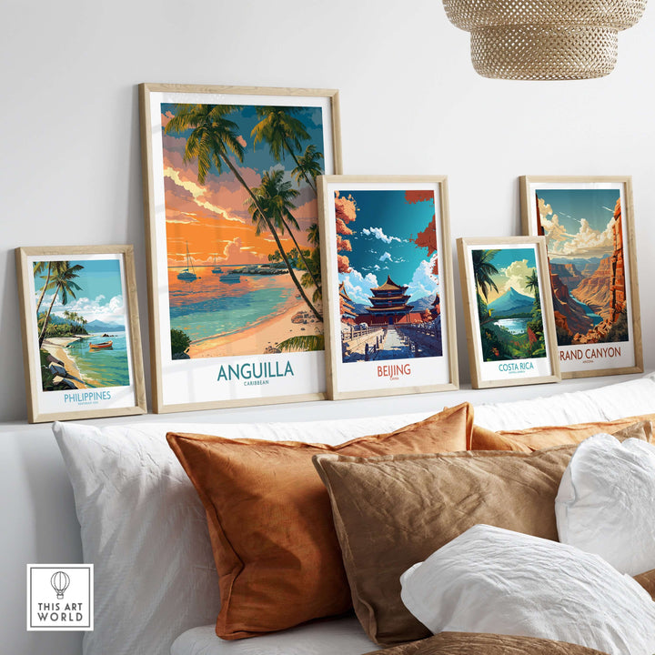 Framed Anguilla Caribbean print with tropical seascape, surrounded by travel posters of Philippines, Beijing, Costa Rica, and Grand Canyon.