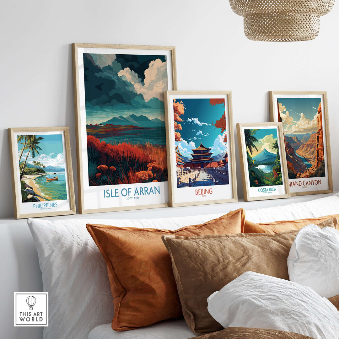 Framed posters including Isle of Arran, showcasing vibrant landscapes from different locations.