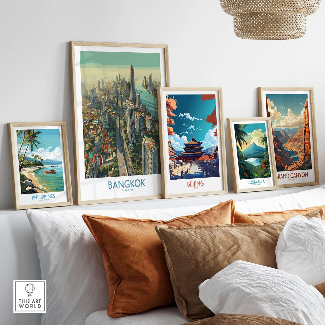 Urban wall art featuring cityscapes from Bangkok, Beijing, Costa Rica, and the Grand Canyon in stylish frames.