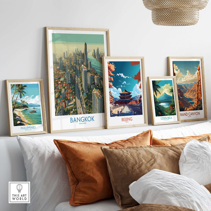 Urban wall art featuring cityscapes from Bangkok, Beijing, Costa Rica, and the Grand Canyon in stylish frames.