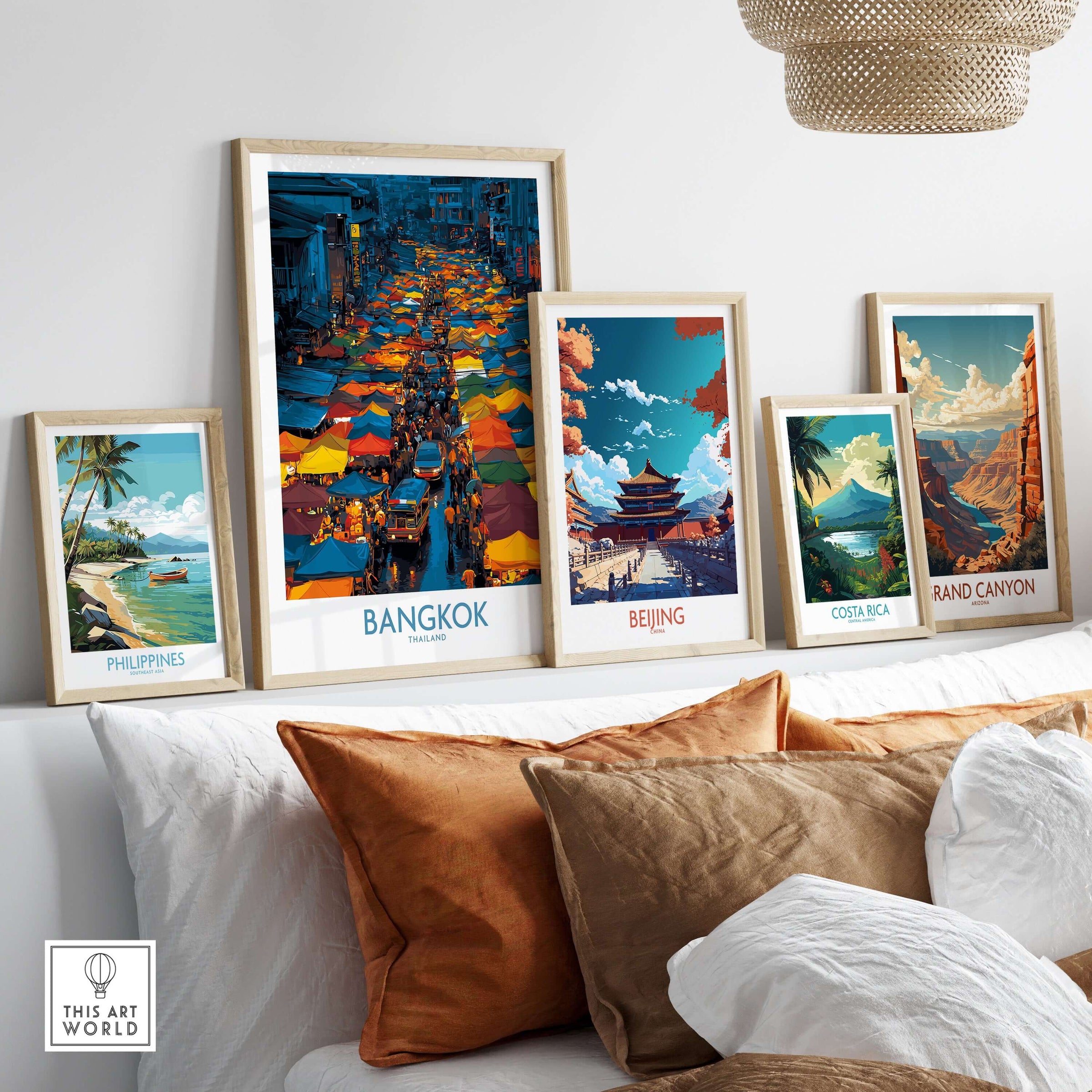 Bangkok Thailand Market Vendors Wall Art - Cultural Travel Print displayed among framed travel prints on a shelf.