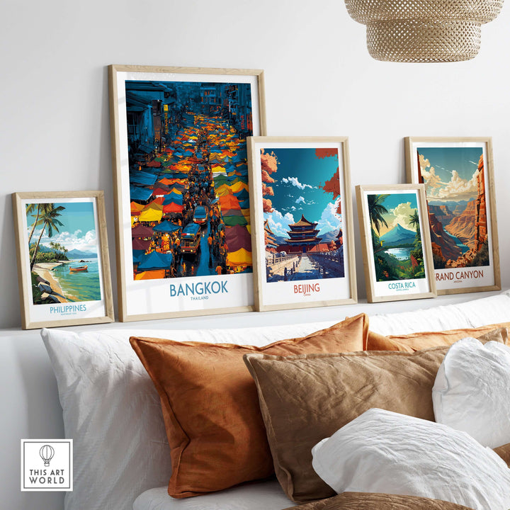 Wall art display featuring Bangkok, Beijing, and Costa Rica prints, enhancing cultural travel décor.