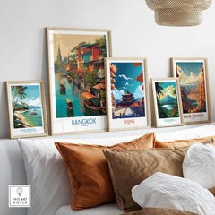 Bangkok Thailand Poster - Floating Market Travel Print displayed among other travel posters in a stylish interior setting.
