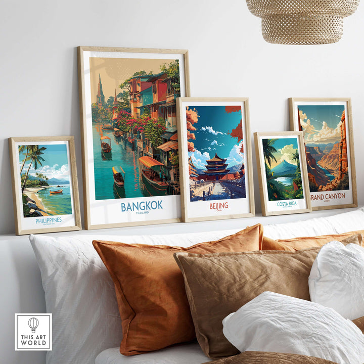 Decorative travel posters including Bangkok floating market, Beijing, Costa Rica, and Grand Canyon displayed in a modern living room.