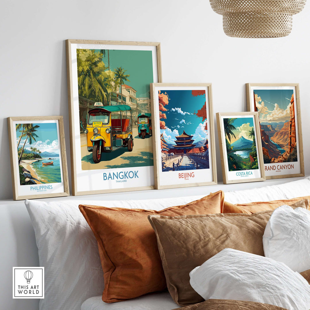 Colorful travel posters featuring Bangkok tuk tuks and landscapes from Thailand, Philippines, Beijing, and Costa Rica.
