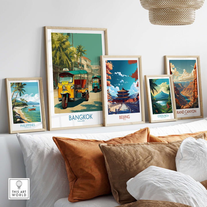 Colorful travel posters featuring Bangkok tuk tuks and landscapes from Thailand, Philippines, Beijing, and Costa Rica.