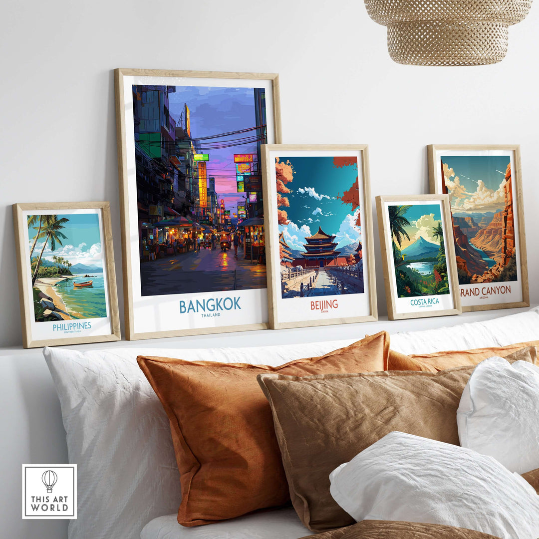 Stylish gallery wall featuring Bangkok neon lights artwork among framed pictures of global destinations.