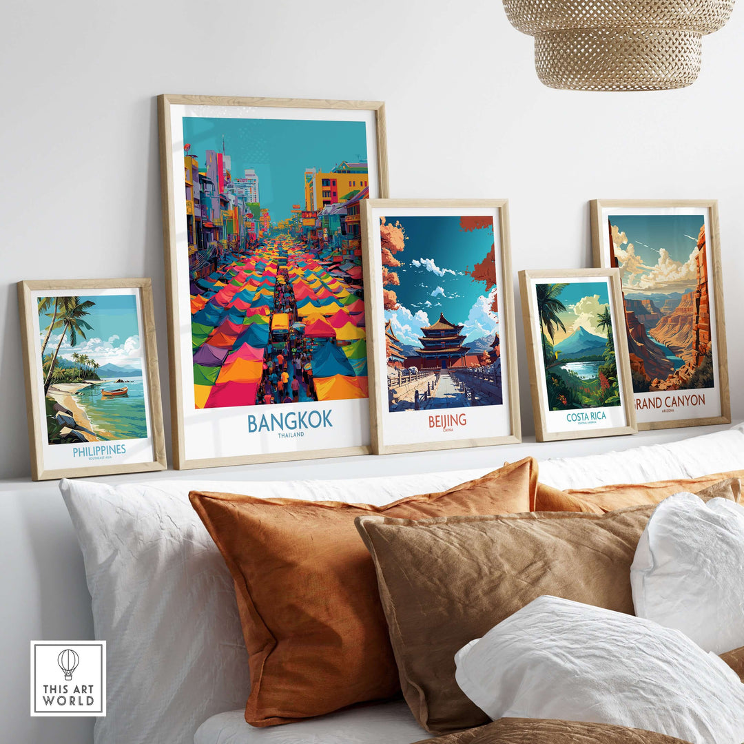 Colorful travel-themed wall art including Bangkok, Philippines, and other destinations, showcasing vibrant cultural illustrations.