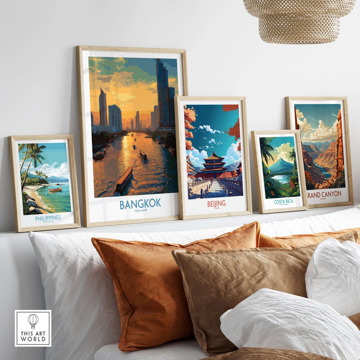 Bangkok urban waterfront wall art alongside other cityscape prints, showcasing vibrant travel destinations.