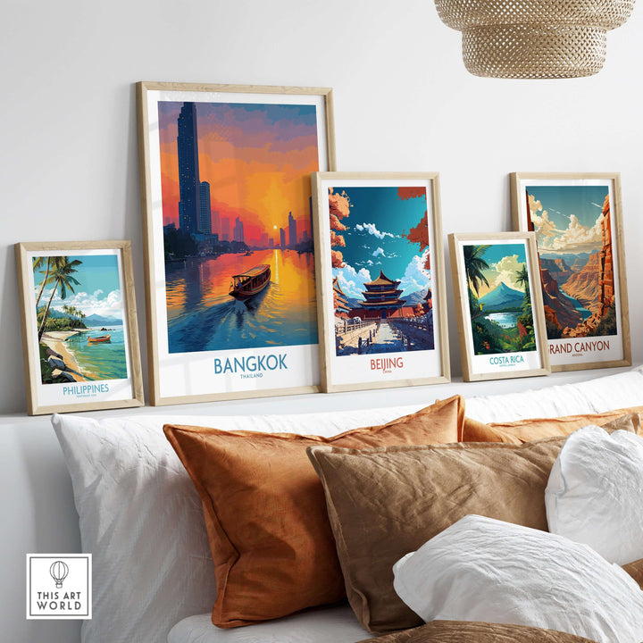 Framed wall art featuring Bangkok and other travel scenes including the Philippines, Beijing, Costa Rica, and the Grand Canyon.