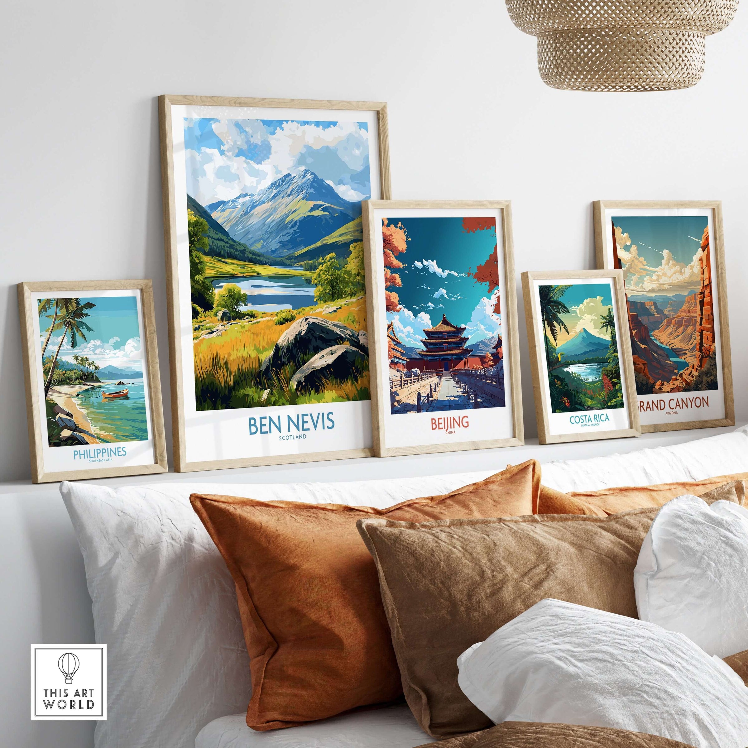 Ben Nevis Poster Scotland Summit View - Iconic UK Peak Travel Decor displayed among travel posters on a stylish shelf.